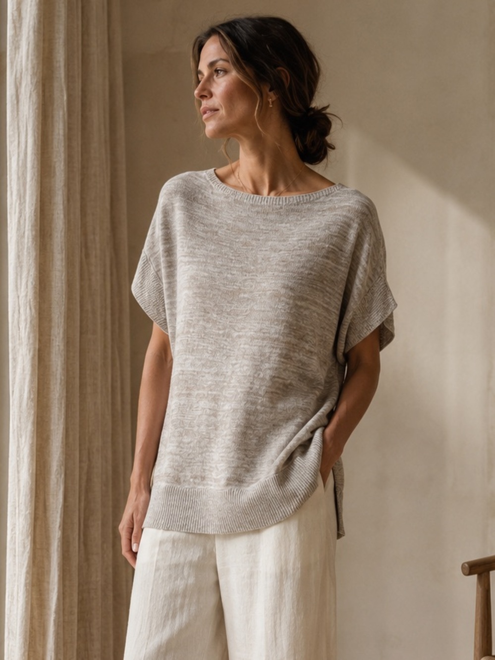 Max Mara Leisure Heathered Cotton Boatneck Knit Tunic Top Oatmeal M